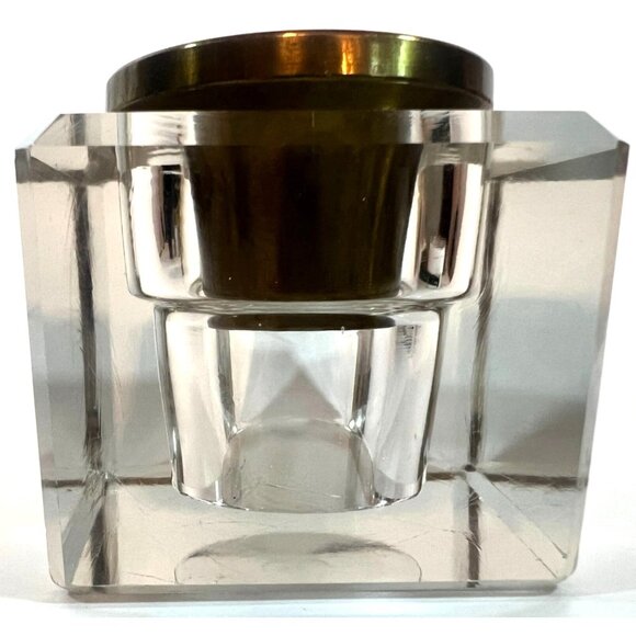 Antique Inkwell Glass beveled glass corners & concave Brass top Square Base 3" - Picture 1 of 10